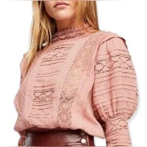 Free People Dusty Rose Lace Panel Puff Sleeve Blouse